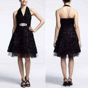 David's Bridal Cachet Halter Cocktail Dress US 6 Black Sliver Floral Lace Tulle